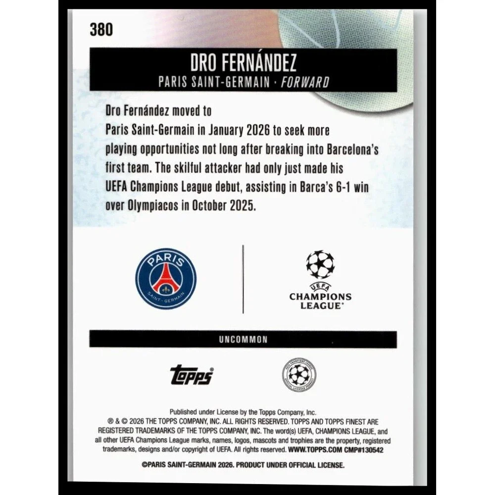 2025-26 Finest UEFA Dro Fernández #380 Paris Saint-Germain Uncommon Rookie